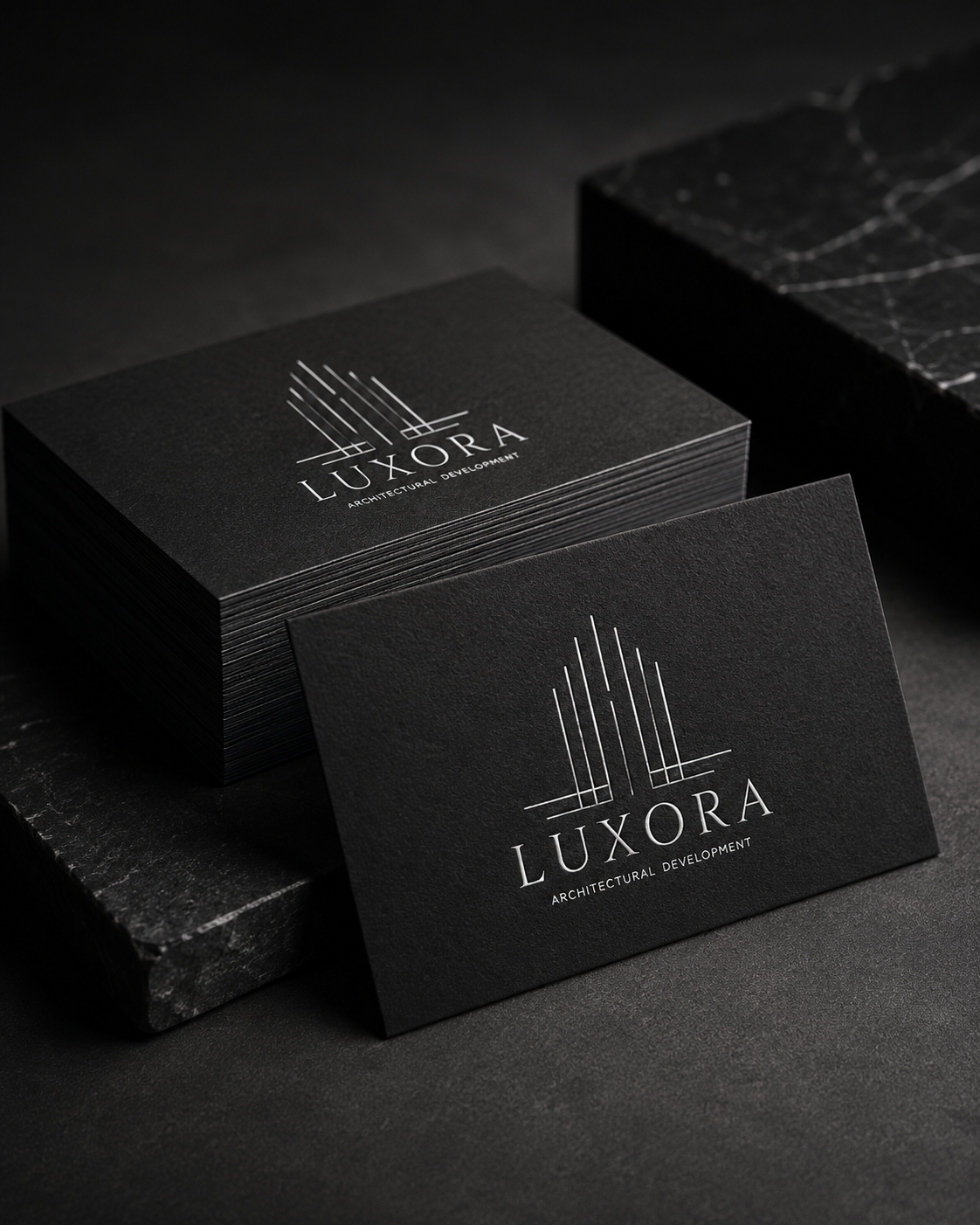 LUXORA black business cards with silver-foil emblem